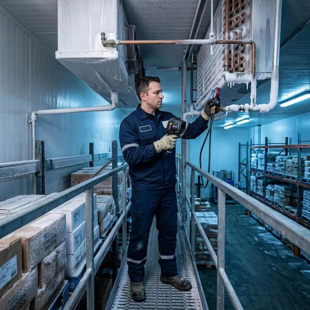 Técnico inspecionando câmara fria Eletrofrio comercial
